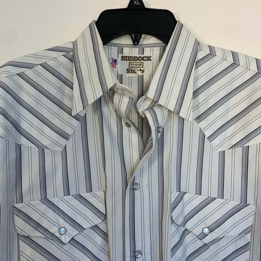 Ruddock Western‎ Shirt Mens XL White Gray Stripe Button Front Made USA
